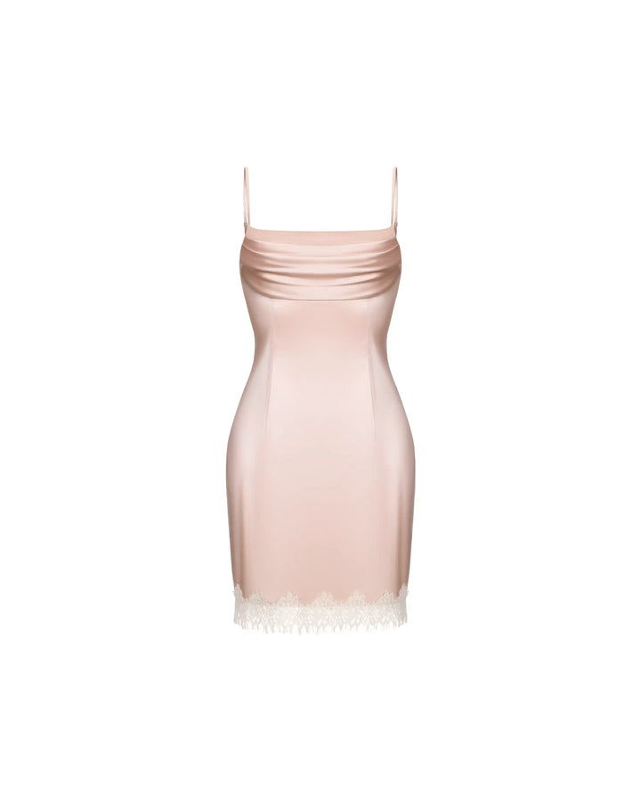 Cassidy mini, mini dress in powder pink satin with lace trim