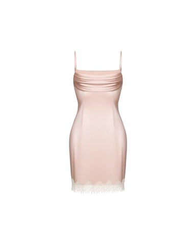 Cassidy mini, mini dress in powder pink satin with lace trim