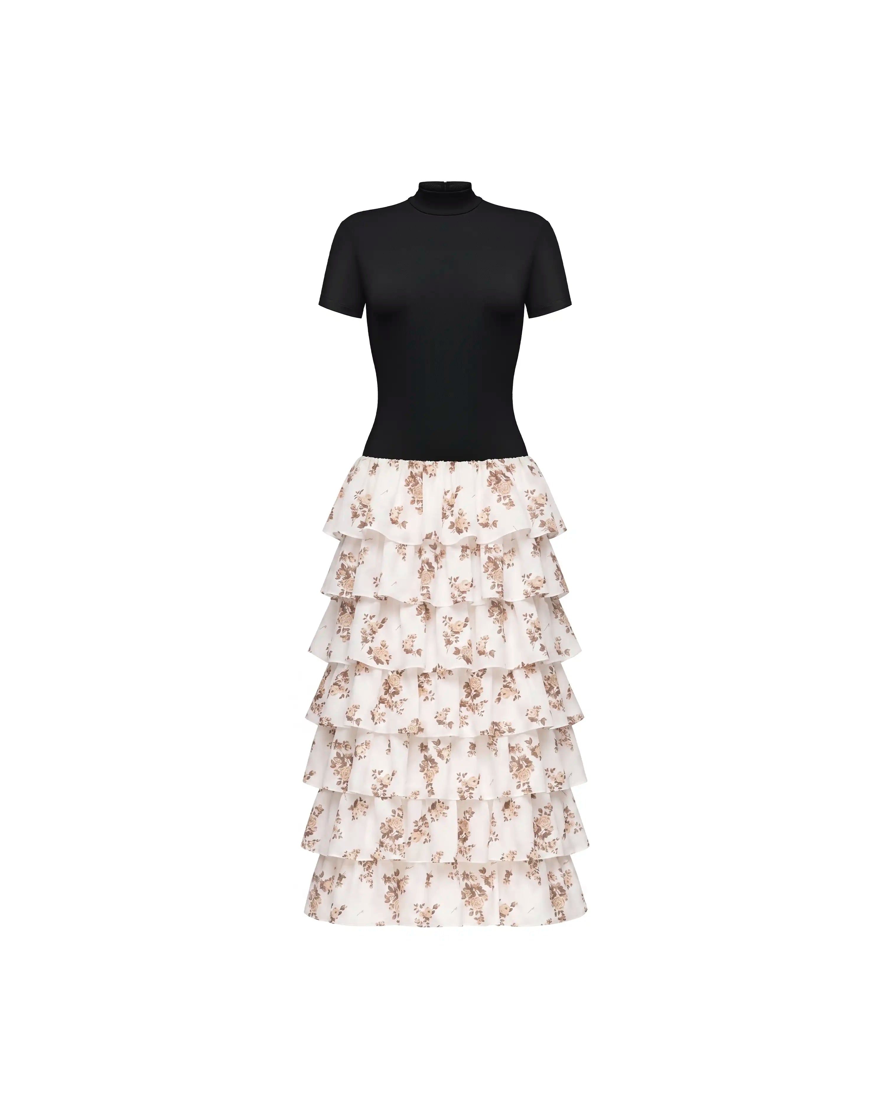 Grace midi, midi dress with a black biflex top and an ivory chiffon skirt with brown flowers