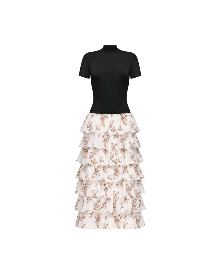 Grace midi, midi dress with a black biflex top and an ivory chiffon skirt with brown flowers