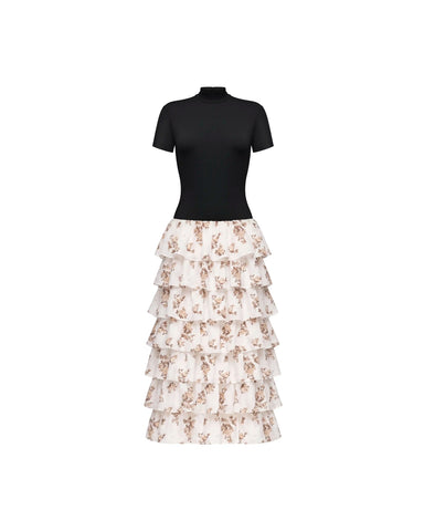 Grace midi, midi dress with a black biflex top and an ivory chiffon skirt with brown flowers