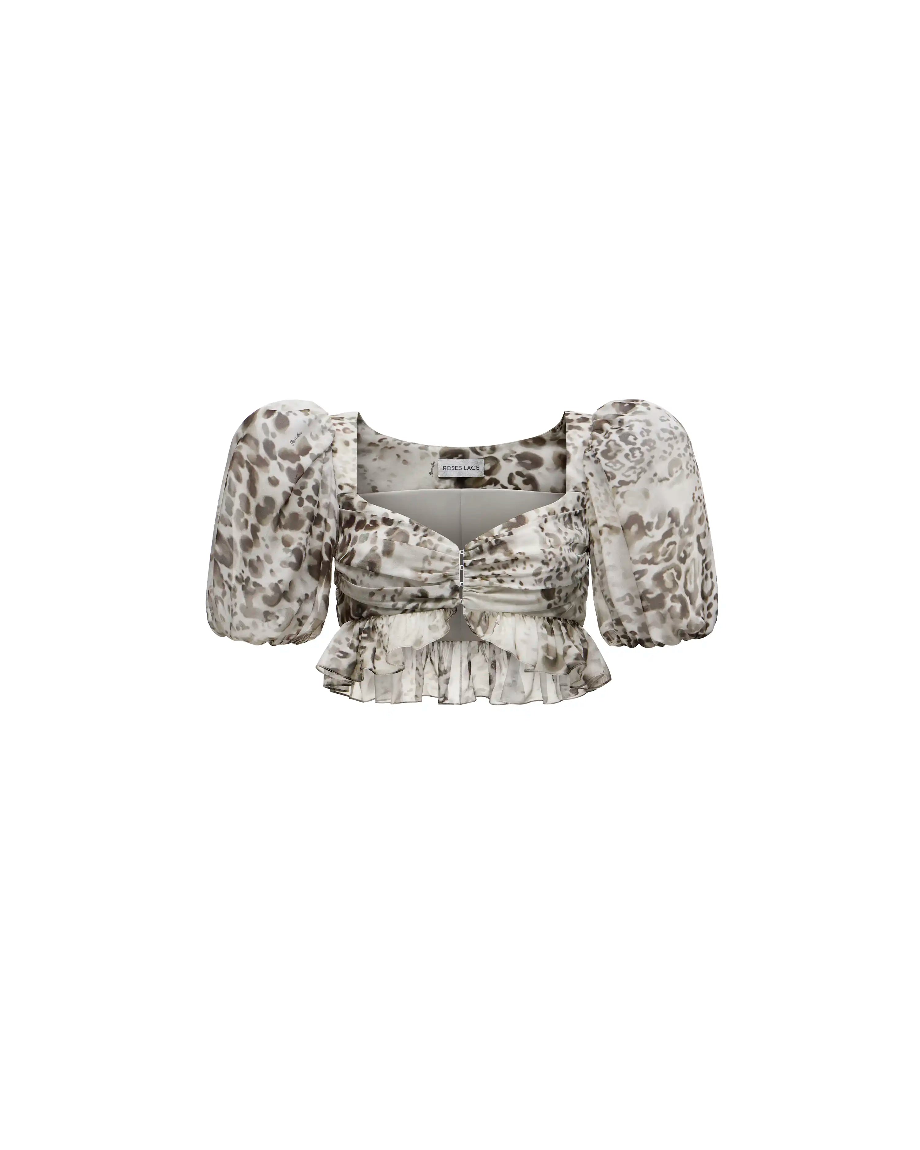 Melissa top, ivory chiffon crop top with animal print