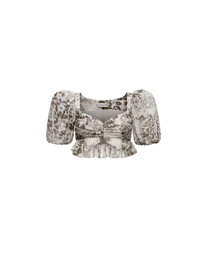 Melissa top, ivory chiffon crop top with animal print