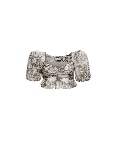 Melissa top, ivory chiffon crop top with animal print