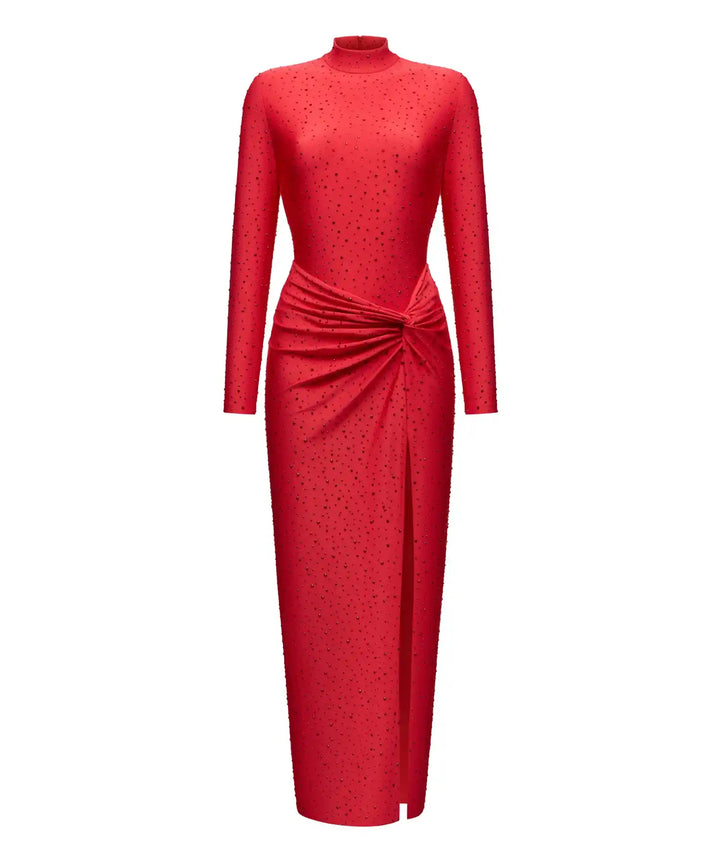 Madeline, maxi dress made of red biflex with rhinestones and a slit