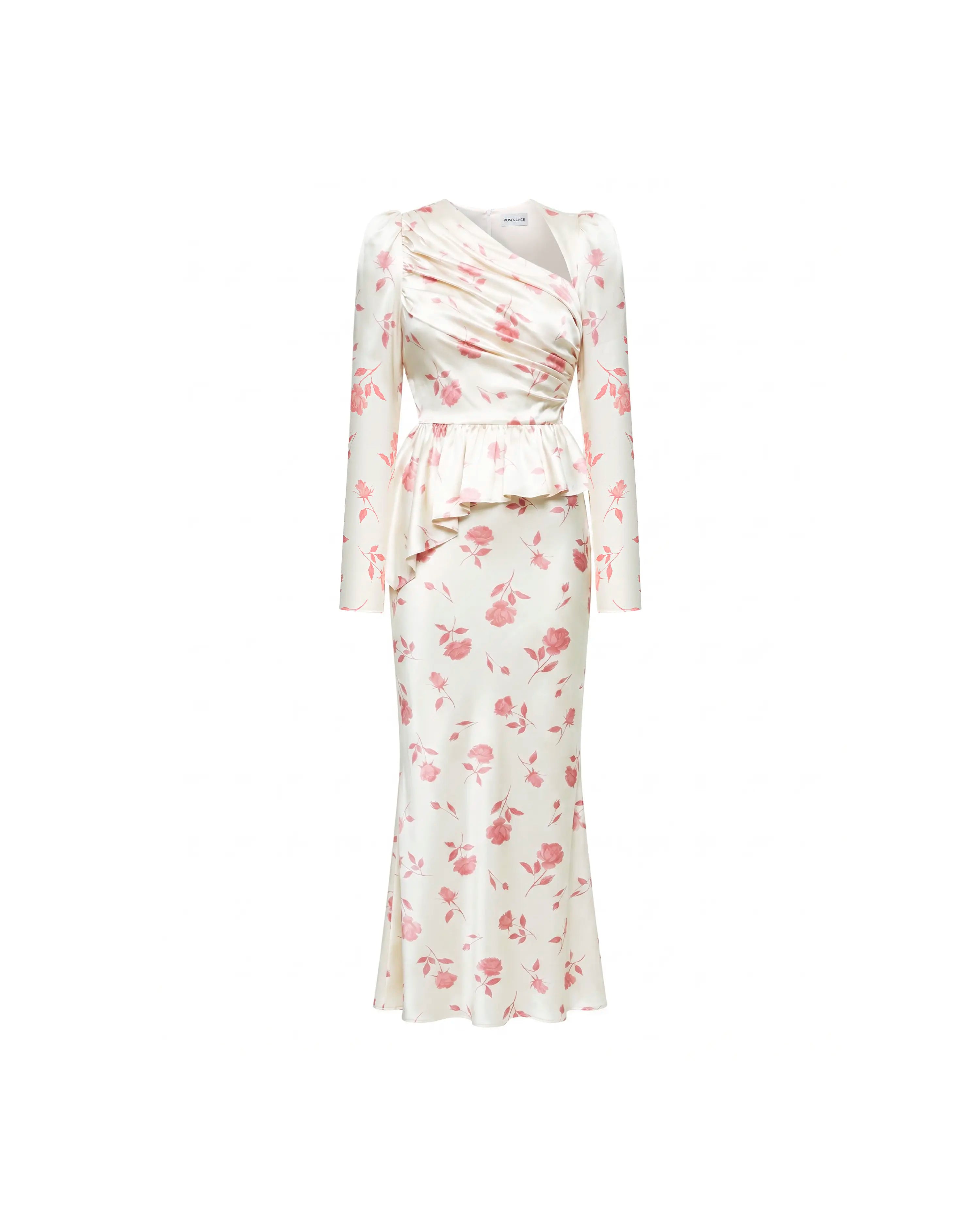 Fionella midi, ivory satin midi dress with medium light pink flowers