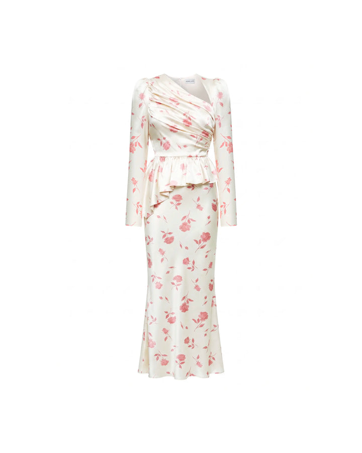 Fionella midi, ivory satin midi dress with medium light pink flowers
