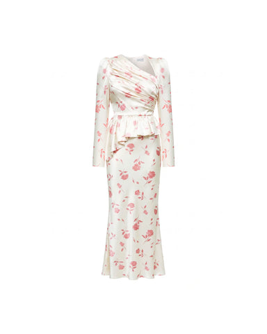 Fionella midi, ivory satin midi dress with medium light pink flowers