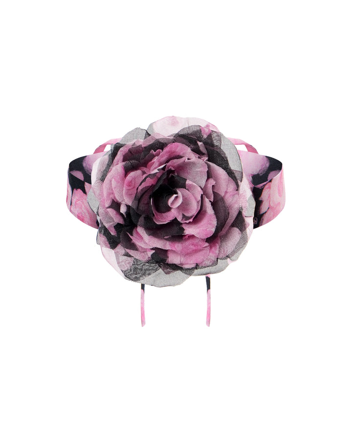 Floriena, choker with a black chiffon rose with pink flowers