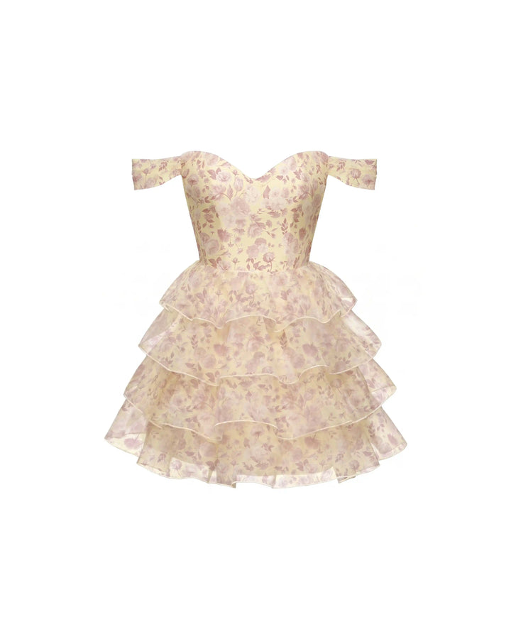 Lisen mini, corset mini dress in yellow organza with a floral print
