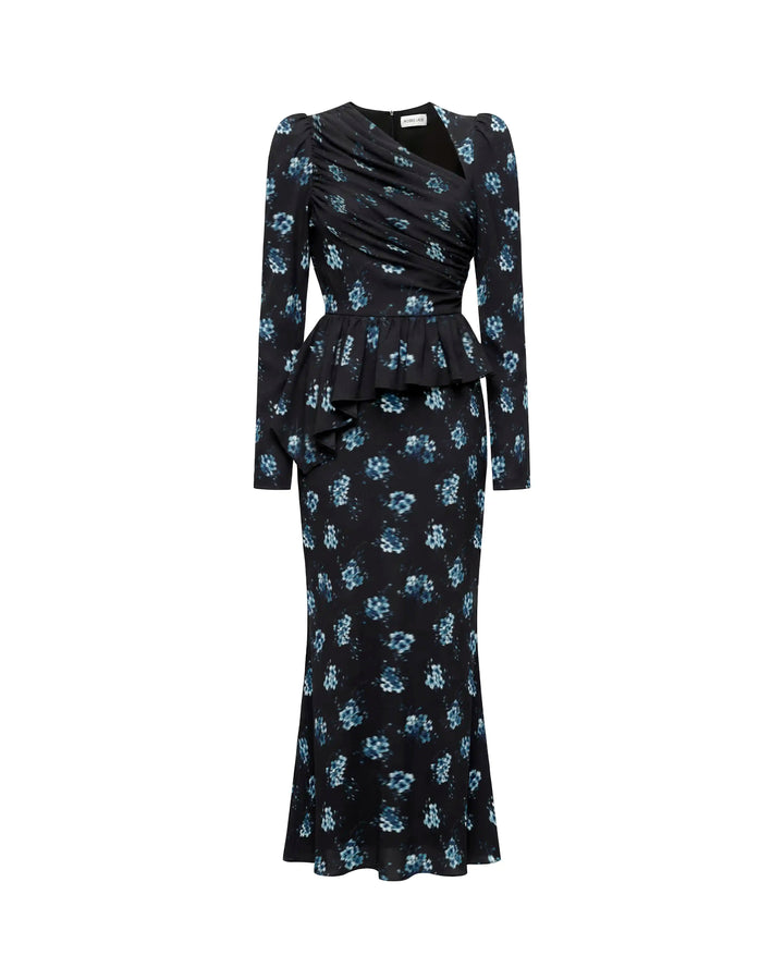 Fionella, black satin midi dress with floral print