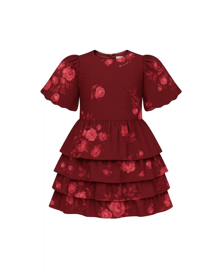 Fifi, children’s dress made of burgundy crepe de chine with a floral print