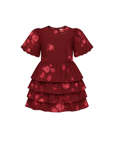 Fifi, children’s dress made of burgundy crepe de chine with a floral print