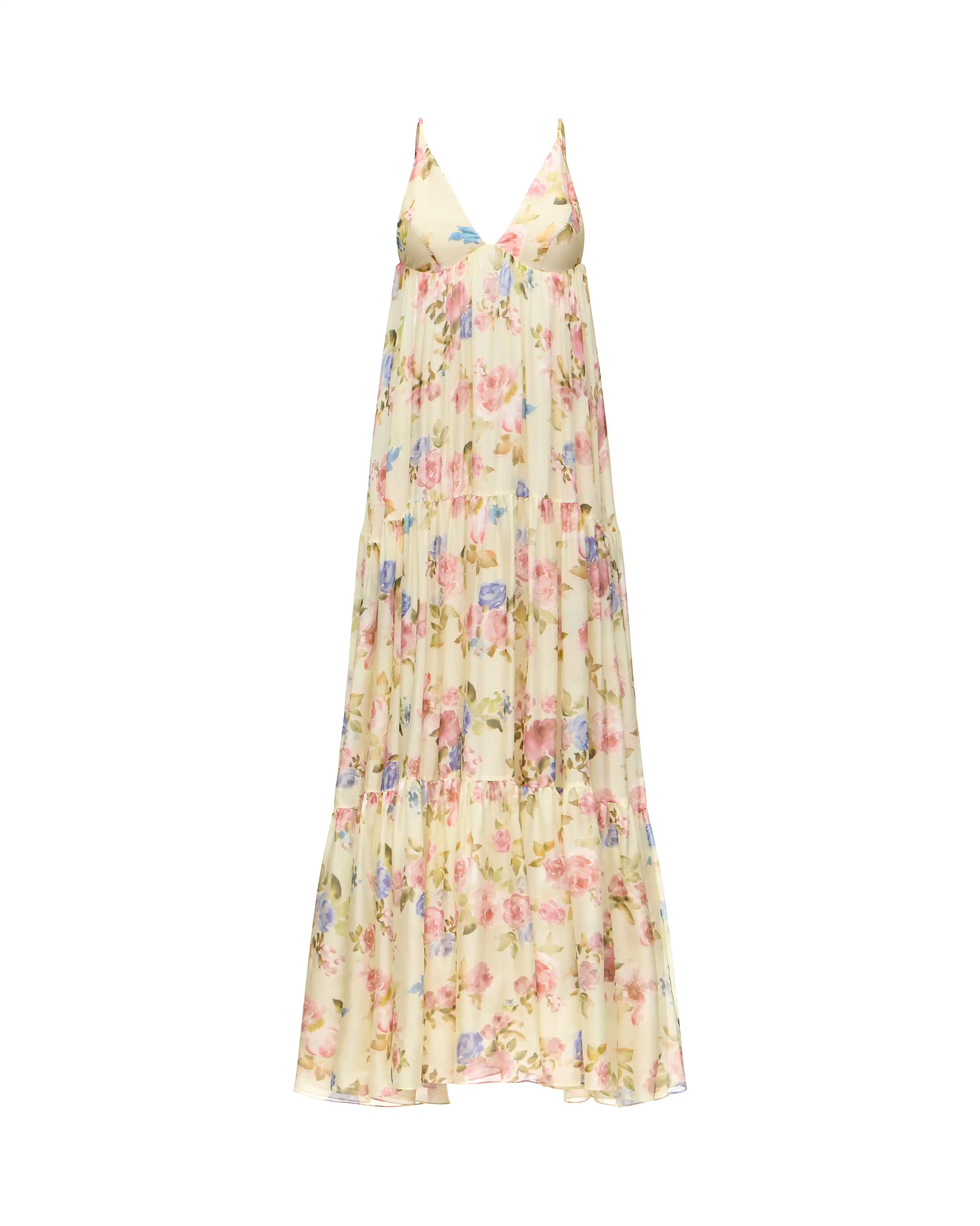Fleur Maxi, maxi dress in pale yellow chiffon with a floral print