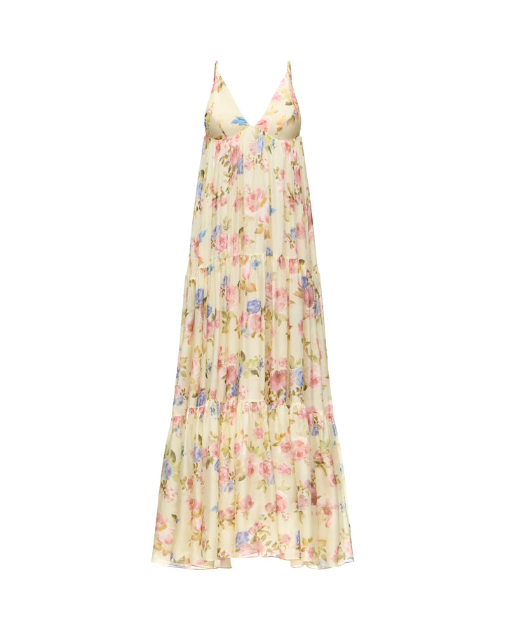 Fleur Maxi, maxi dress in pale yellow chiffon with a floral print