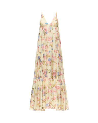 Fleur Maxi, maxi dress in pale yellow chiffon with a floral print