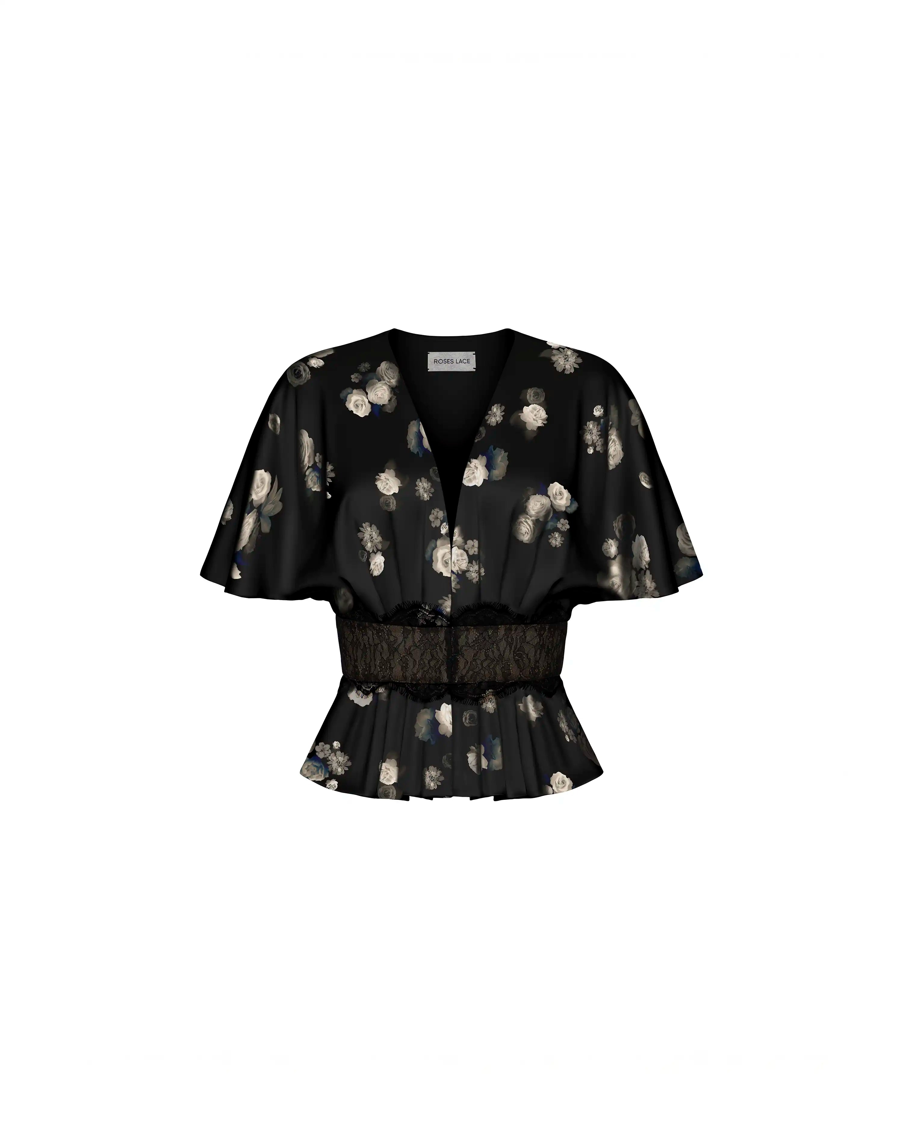 Yasmine, top in black satin with a floral print and lace trim