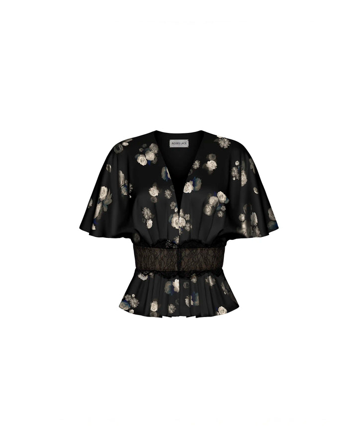 Yasmine, top in black satin with a floral print and lace trim