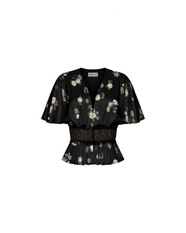 Yasmine, top in black satin with a floral print and lace trim
