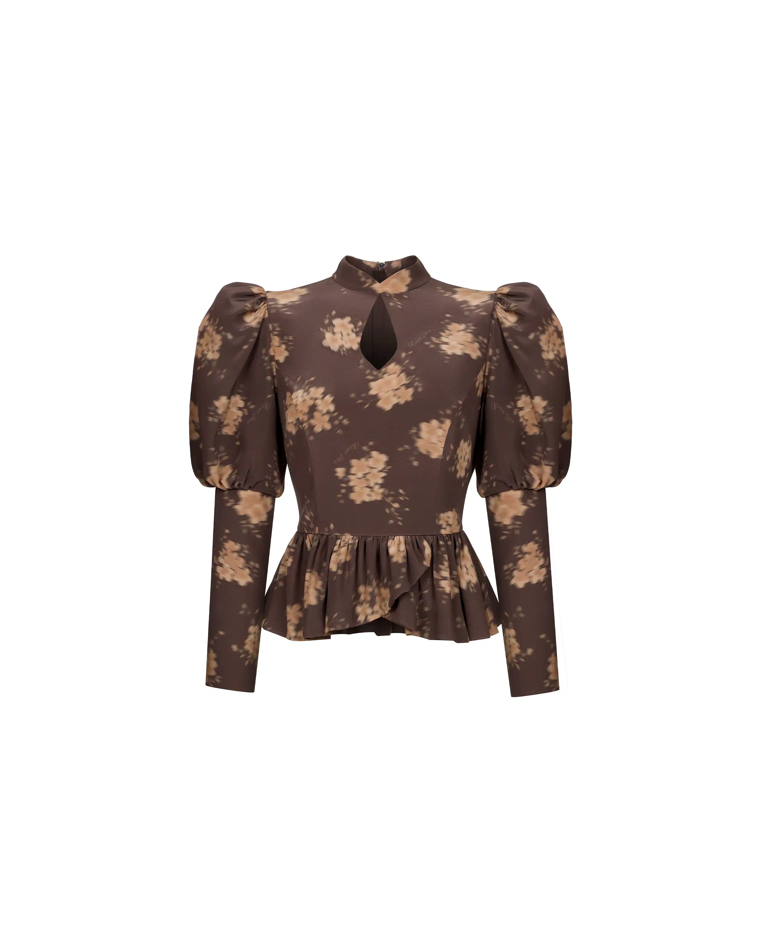 Gia, chocolate crepe de chine blouse with beige flowers