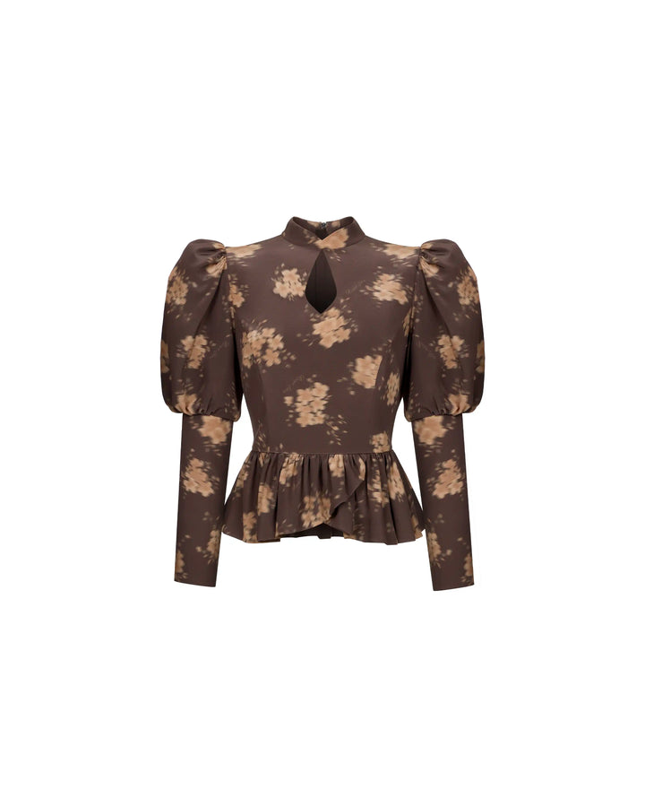 Gia, chocolate crepe de chine blouse with beige flowers