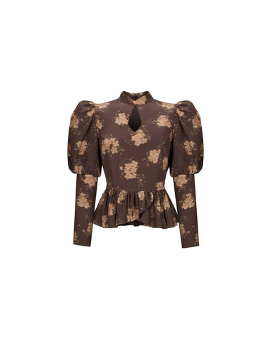 Gia, chocolate crepe de chine blouse with beige flowers