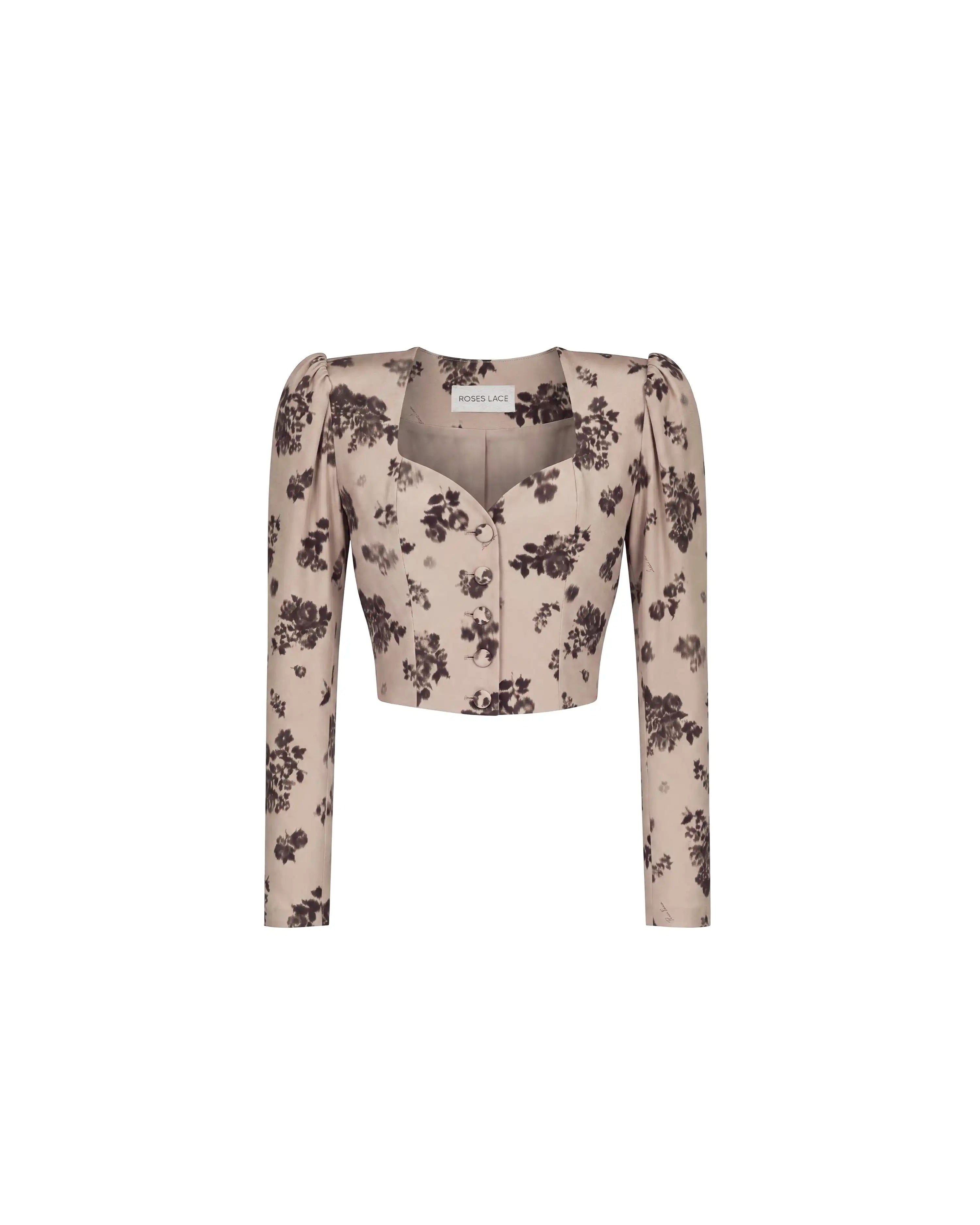 Melinda, beige crepe de chine jacket with chocolate flowers