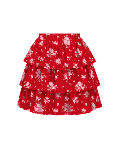 Betty mini, red crepe de chine mini skirt with floral print