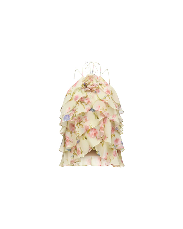Dahlia top, top in pale yellow chiffon with a floral print