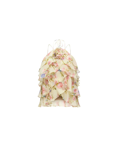 Dahlia top, top in pale yellow chiffon with a floral print
