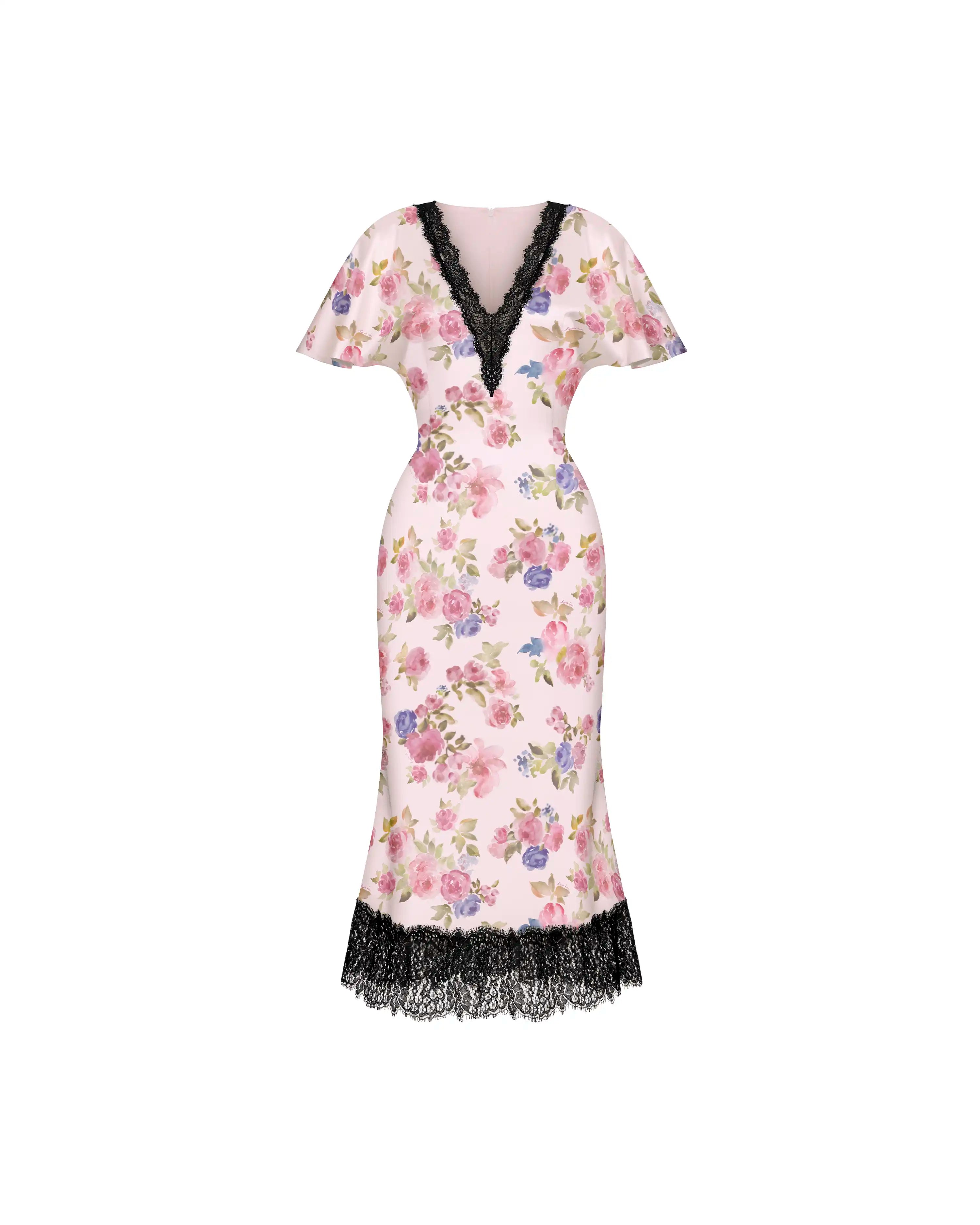 Odette midi, midi dress in light pink satin with a floral print and lace trim
