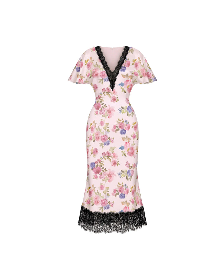 Odette midi, midi dress in light pink satin with a floral print and lace trim