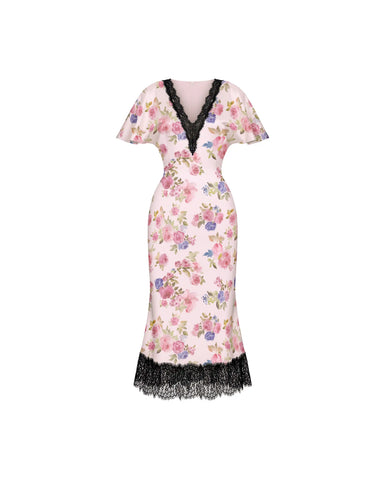 Odette midi, midi dress in light pink satin with a floral print and lace trim