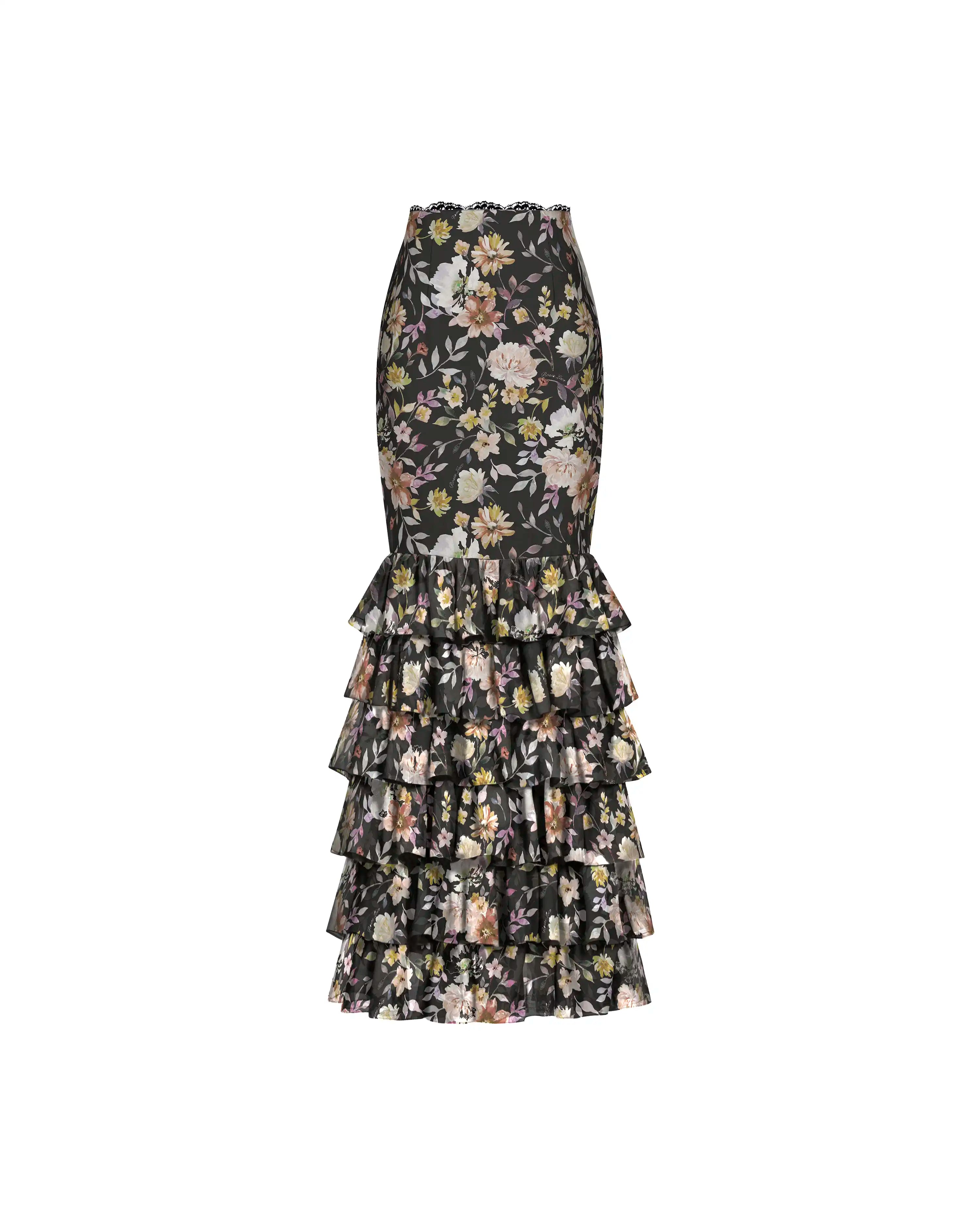 Ru, black chiffon midi skirt with multicolor floral print and lace trim
