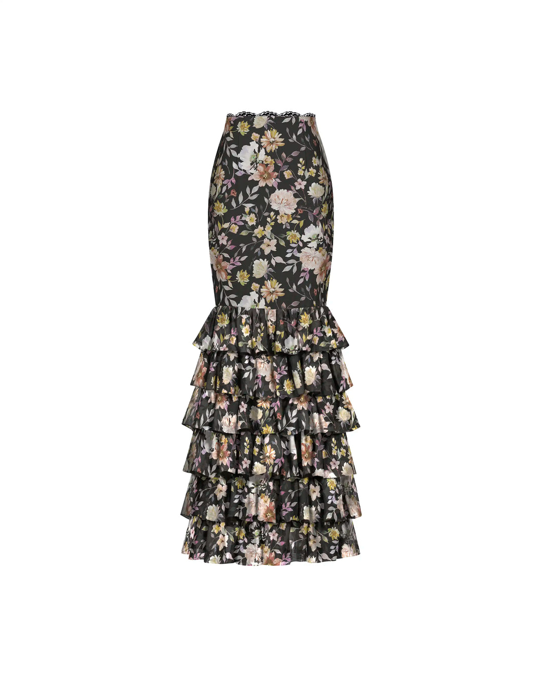 Ru, black chiffon midi skirt with multicolor floral print and lace trim