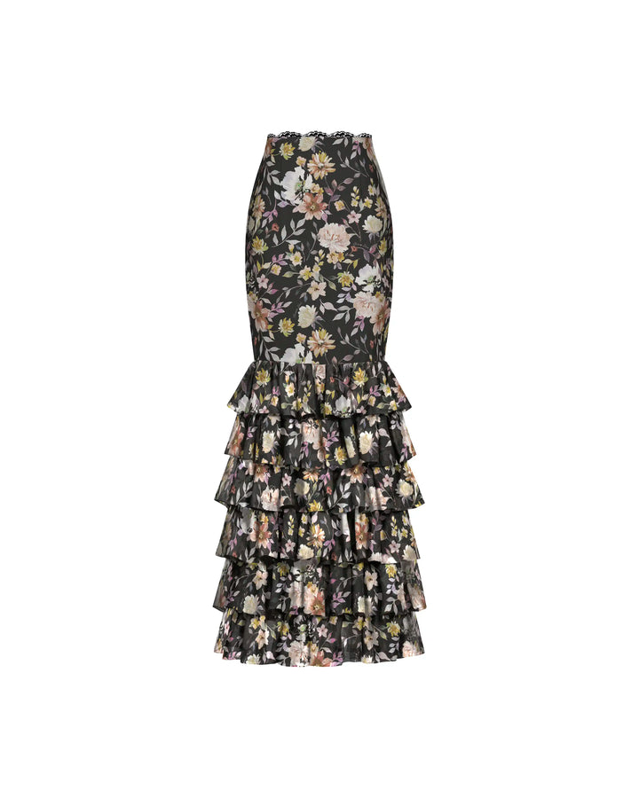 Ru, black chiffon midi skirt with multicolor floral print and lace trim