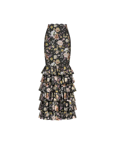 Ru, black chiffon midi skirt with multicolor floral print and lace trim