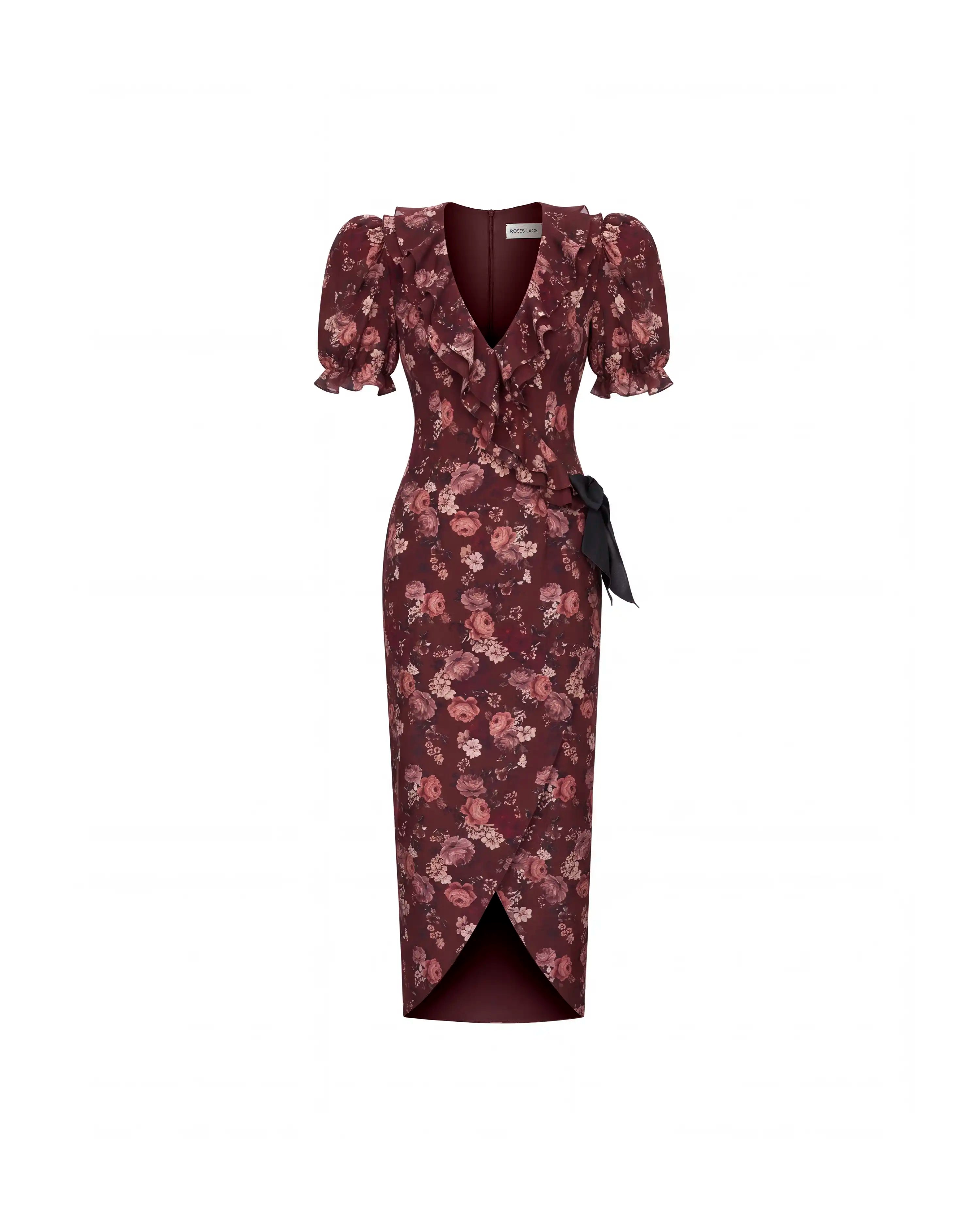 Pamela midi, burgundy crepe de chine midi dress with multicolor flowers