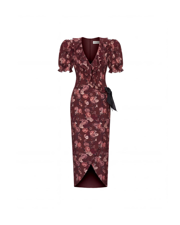 Pamela midi, burgundy crepe de chine midi dress with multicolor flowers