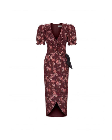 Pamela midi, burgundy crepe de chine midi dress with multicolor flowers
