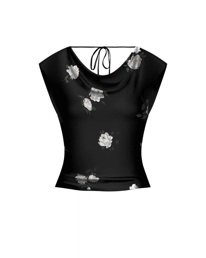 Lucy top, top made of black crepe de chine with floral print