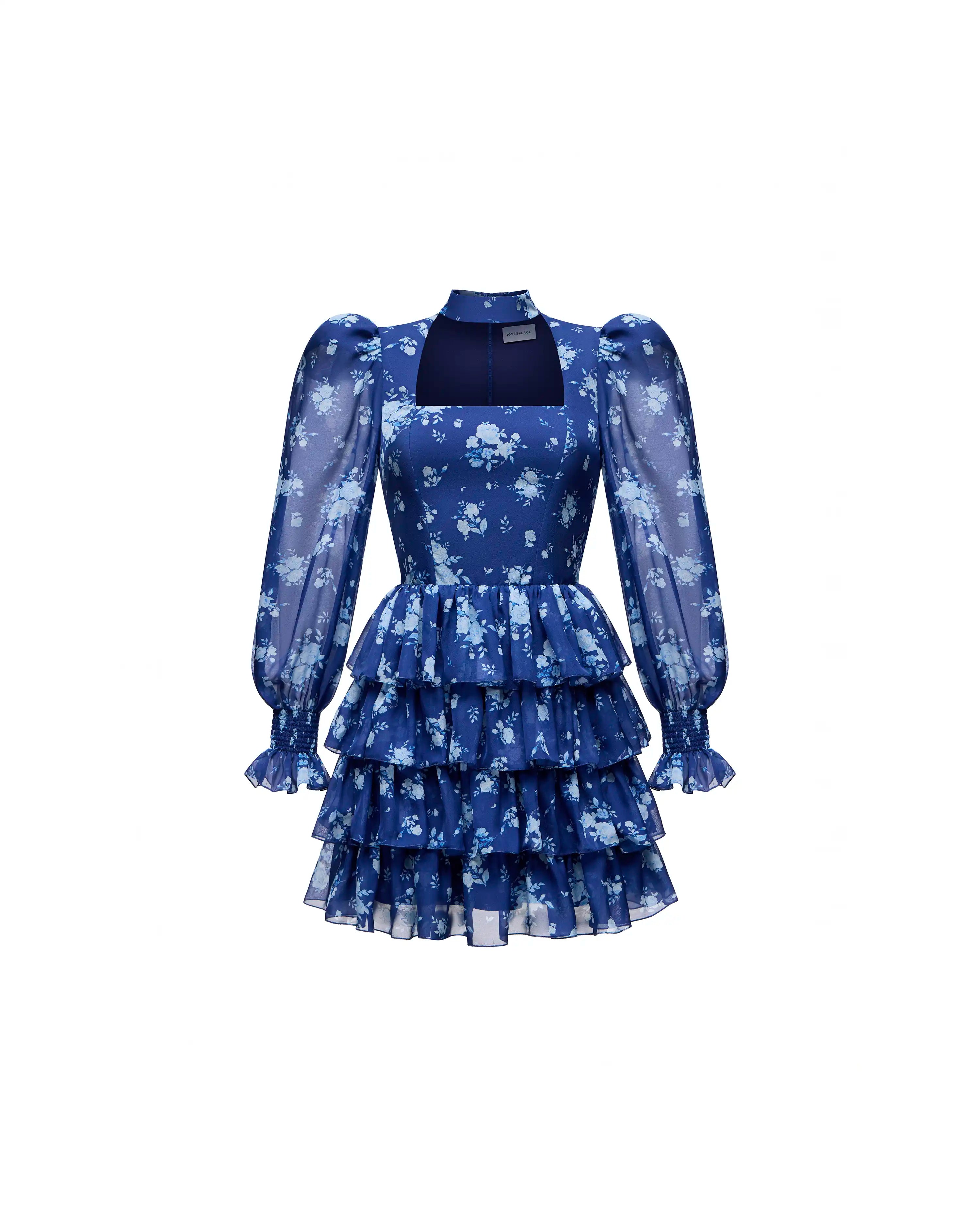 Valerie mini, blue chiffon mini dress with medium light blue flowers