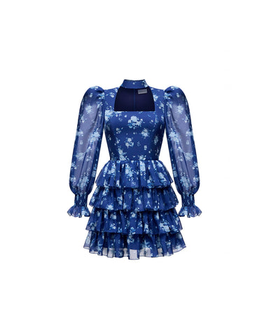Valerie mini, blue chiffon mini dress with medium light blue flowers