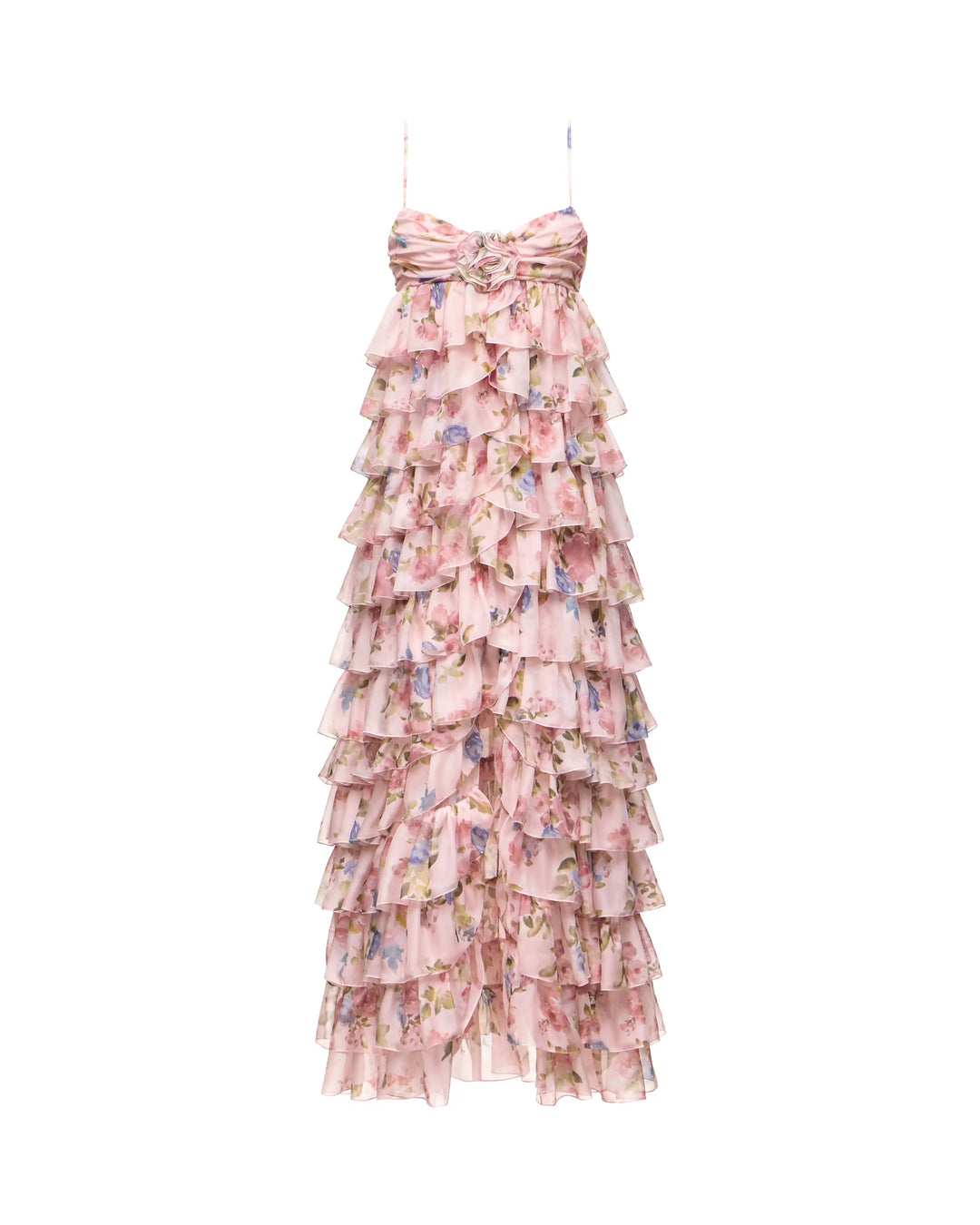 Willow maxi, maxi dress in pink chiffon with a floral print and a rose – ROSES LACE