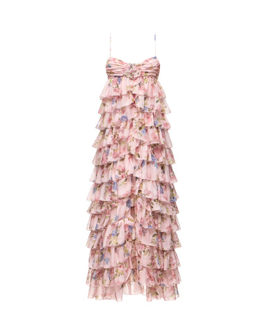 Willow maxi, maxi dress in pink chiffon with a floral print and a rose detail