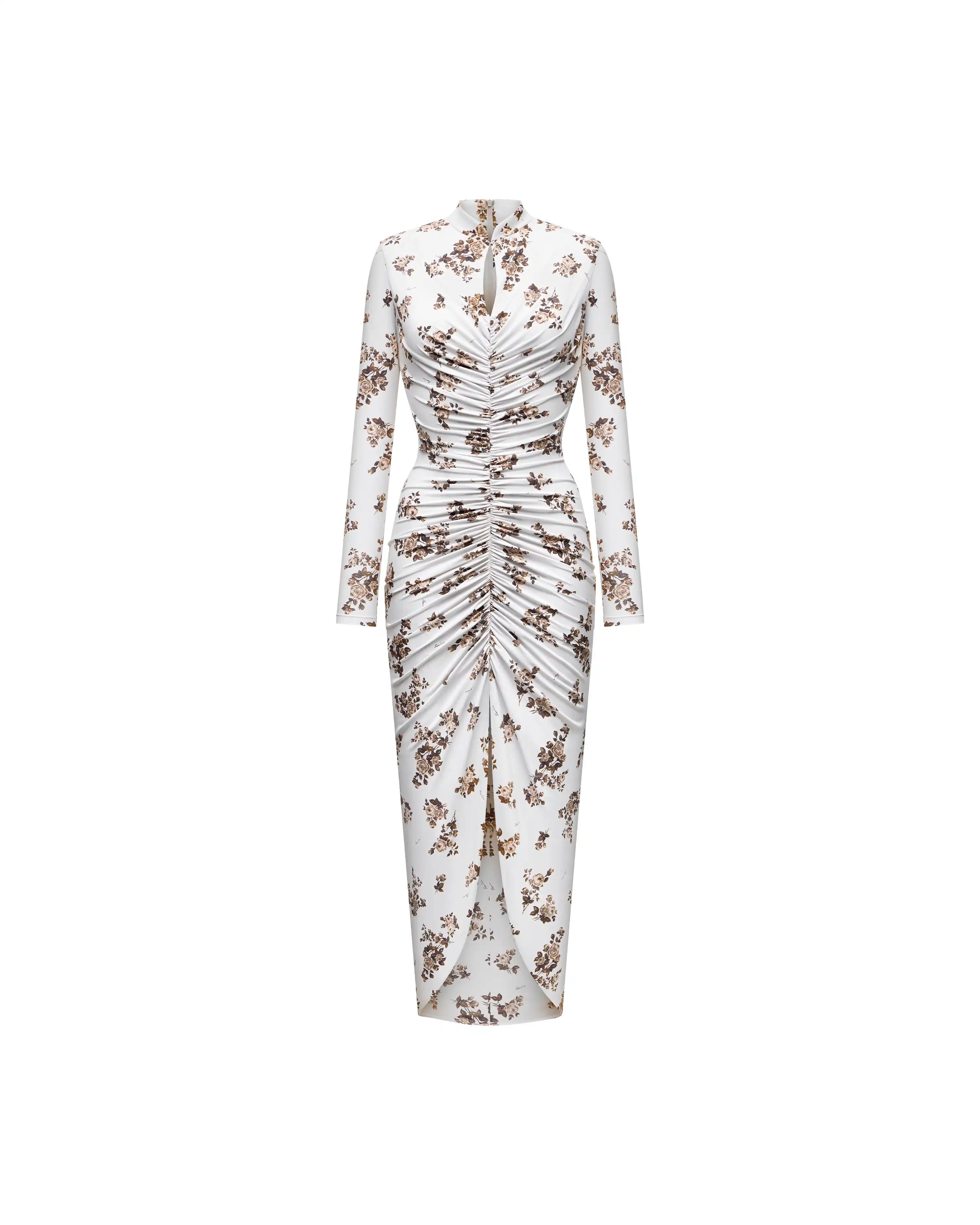 Ami midi, milky biflex midi dress with brown flowers