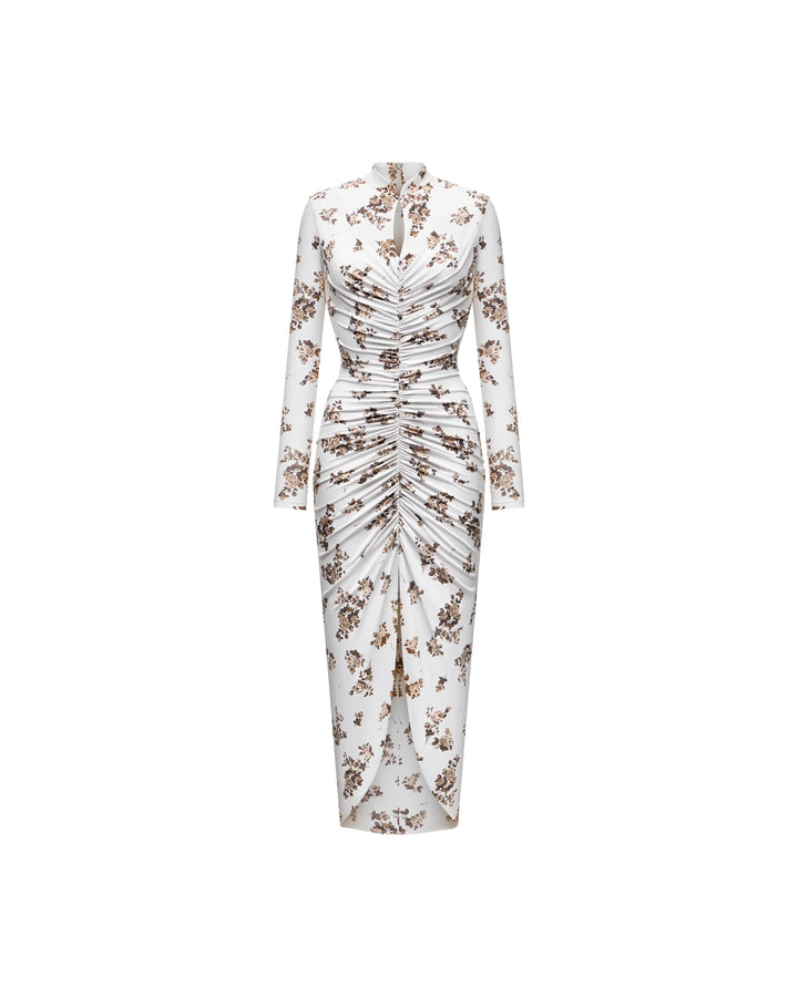 Ami midi, milky biflex midi dress with brown flowers