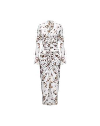 Ami midi, milky biflex midi dress with brown flowers