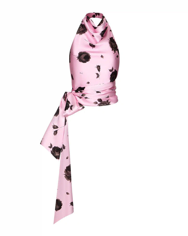Eliana, top made of lilac satin with gray flowers