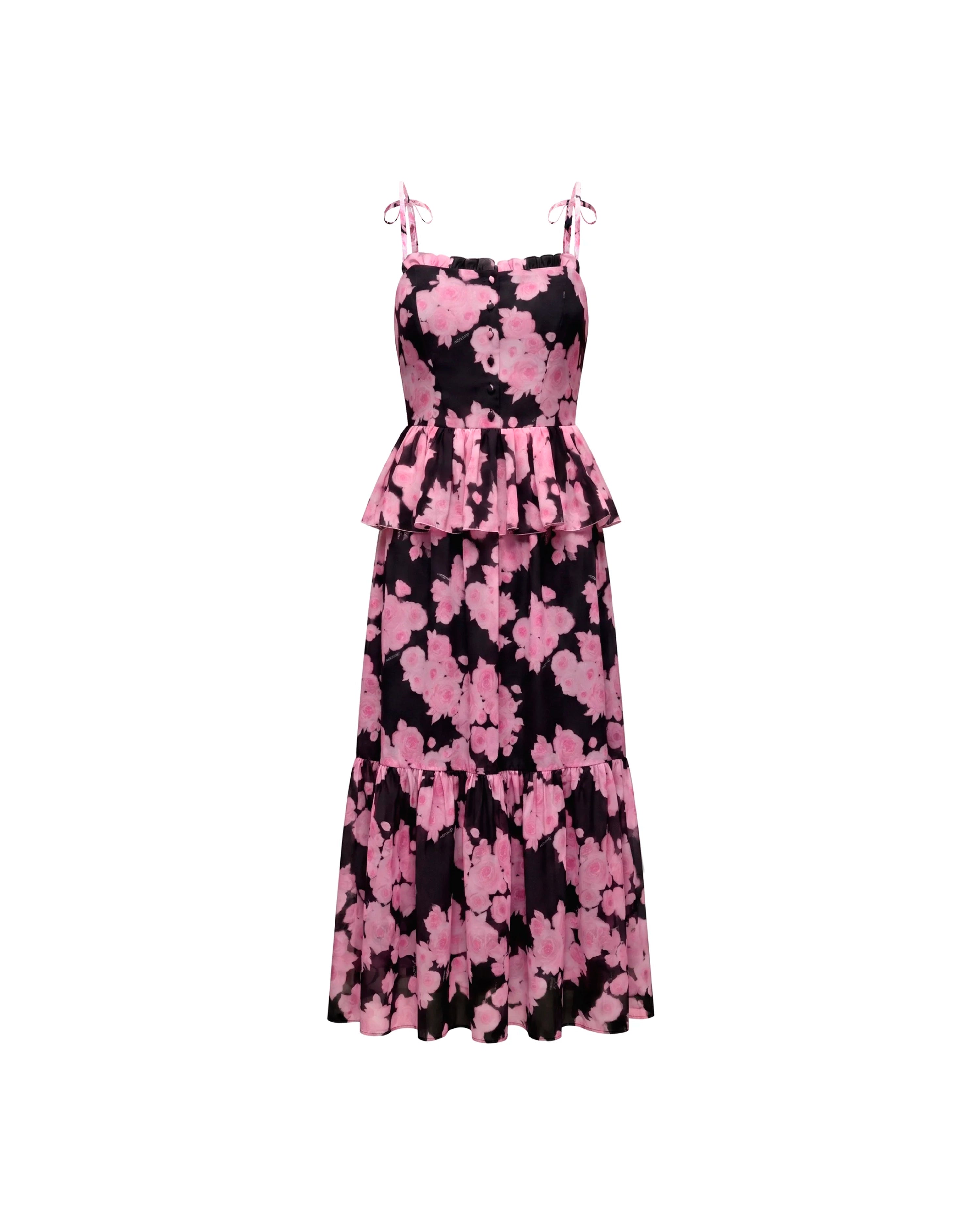 Perla midi, black crepe de chine dress with medium pink flowers